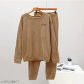 Women's brown solid woolen night suit set, long sleeve pyjamas for winter wear in sizes S-XL, cozy and warm Indian-made nightwear on display